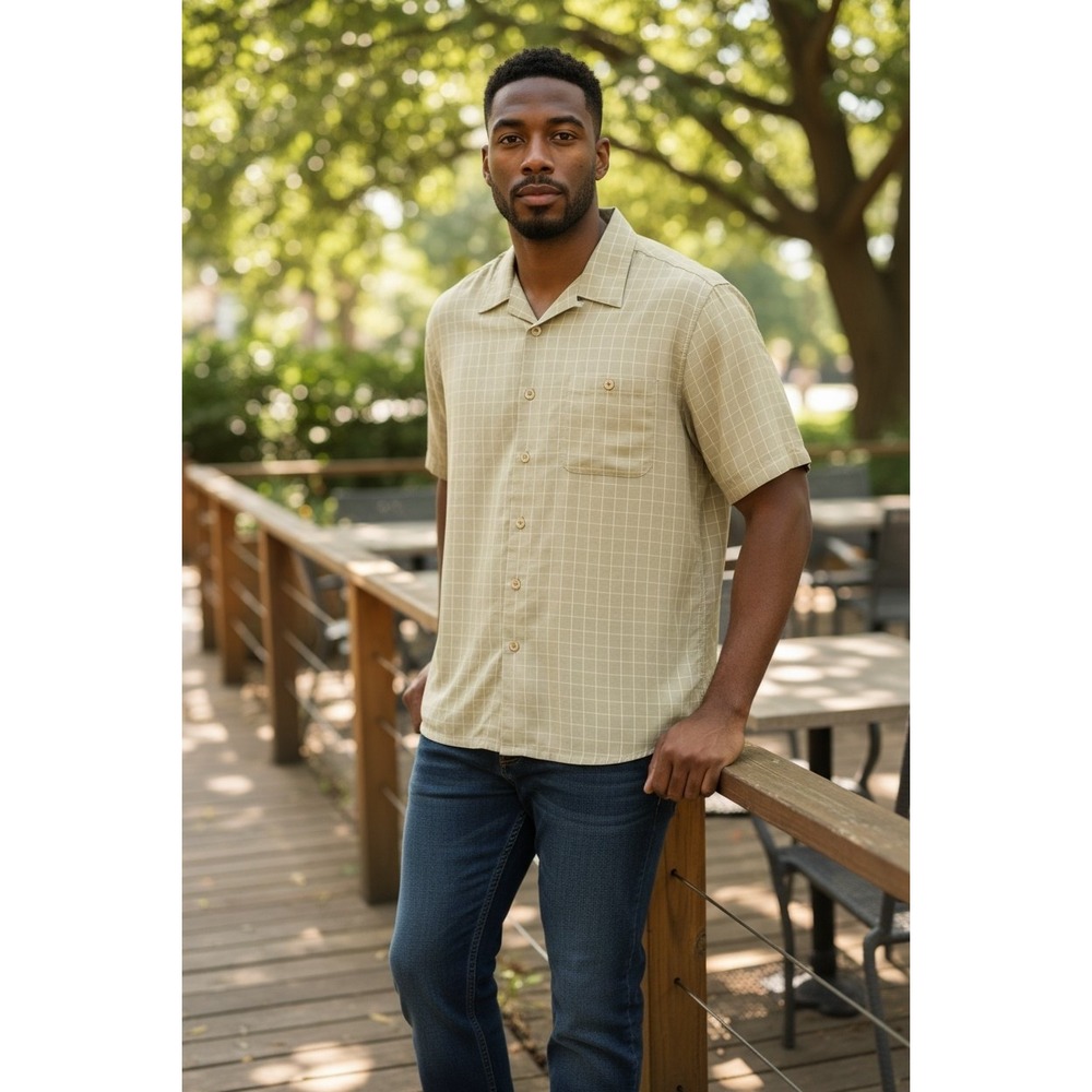 Michael Brandon Mens Medium Olive Green Windowpane Modal Rayon Camp Shirt SS